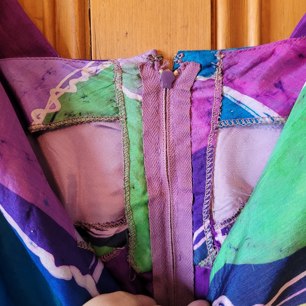 Vintage 70s Silk Batik Maxi Dress Blue And Purple size small Wedding Guest Party - Picture 7 of 7